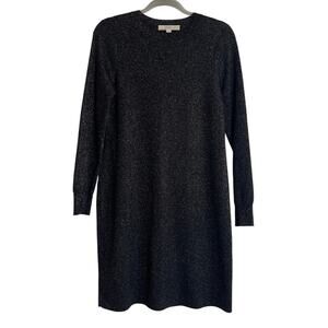 LOFT Black Gold Metallic Sweater Dress Size M Long Sleeves Stretch Holiday Shine